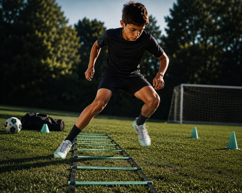 Joven futbolista practicando ejercicios de coordinación y agilidad en césped con movimiento explosivo