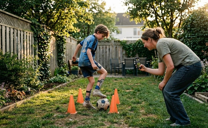 Joven futbolista entrenando fútbol en casa solo en el jardín al atardecer con reboteador negro