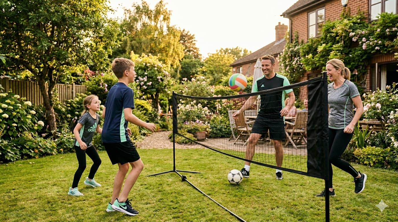 Niños y adolescentes jugando con red y balón al exterior en jardín familiar con Mainake Euribia