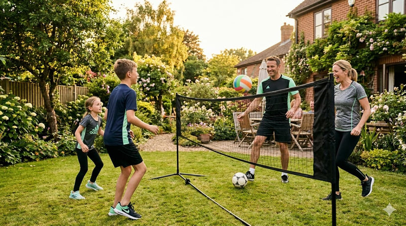 Niños y adolescentes jugando con red y balón al exterior en jardín familiar con Mainake Euribia